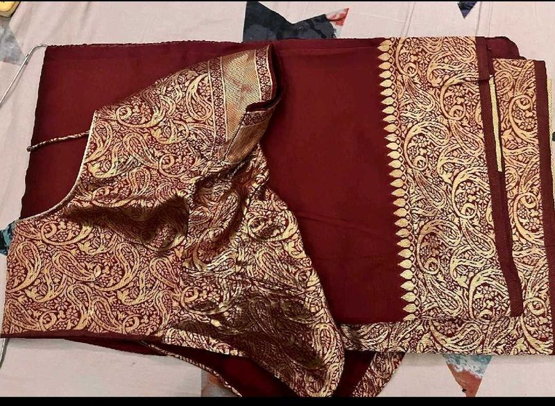 Maroon Saree with Gold Brocade Blouse