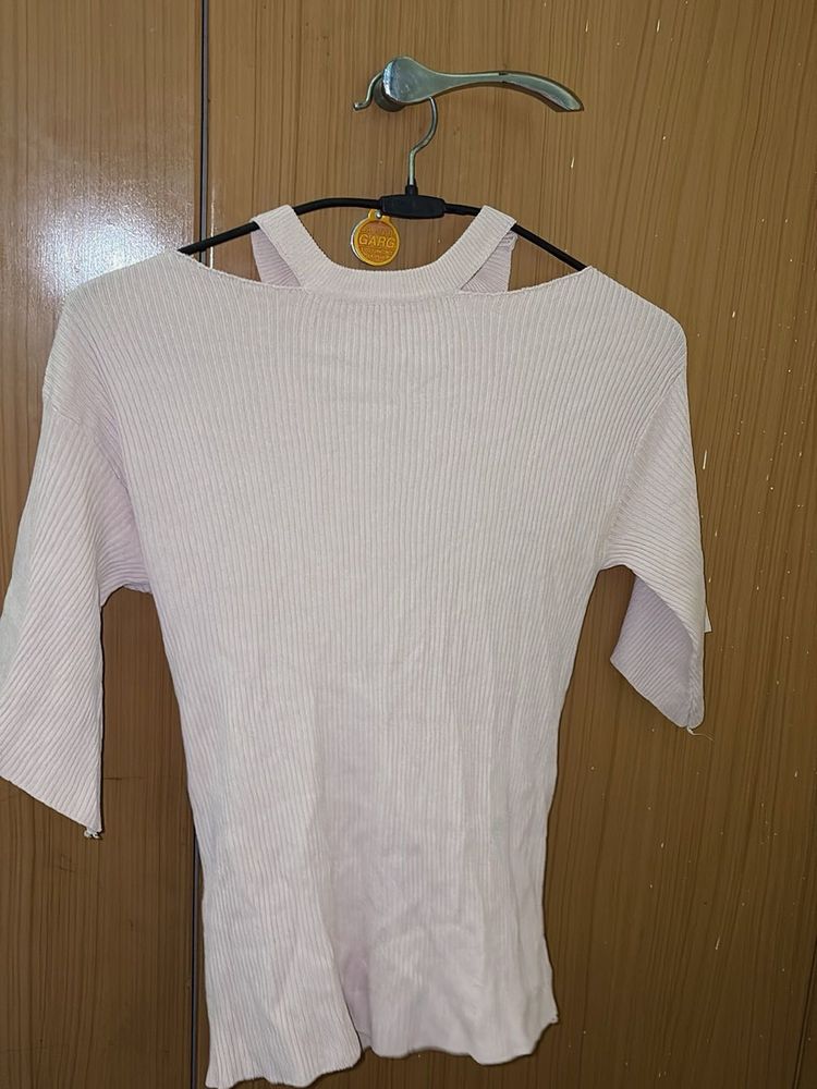 Ribbed Knit Cold korean Shoulder Top