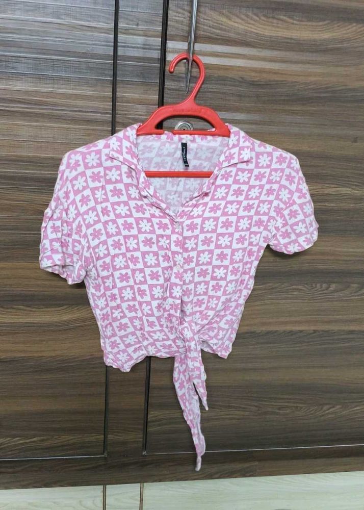 Pink Floral Tie-Front Crop Shirt