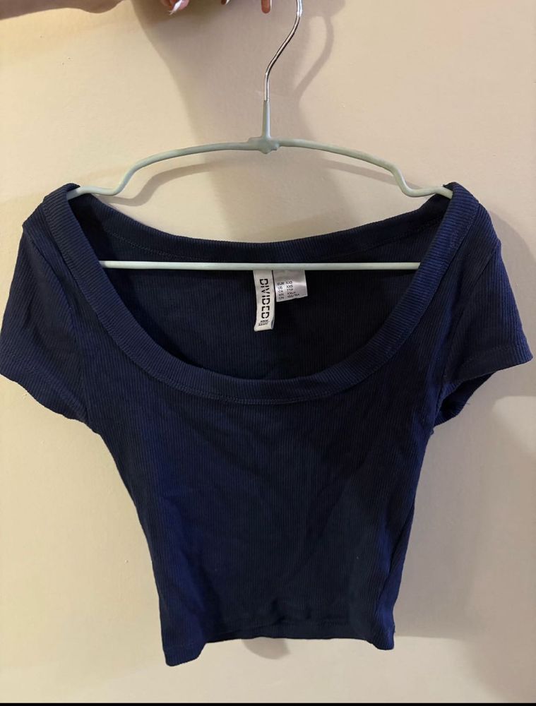 H&amp;m Navy Blue Ribbed Crop Top