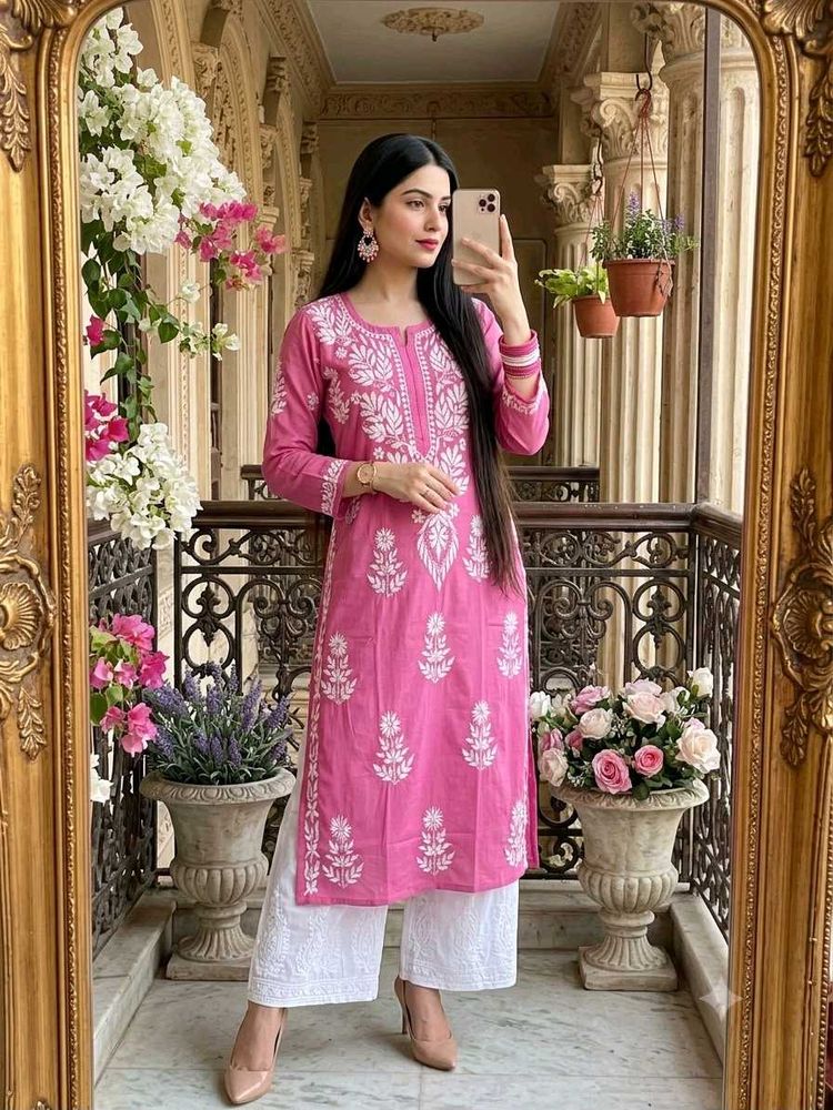 White Chikankari Pink Kurti💖