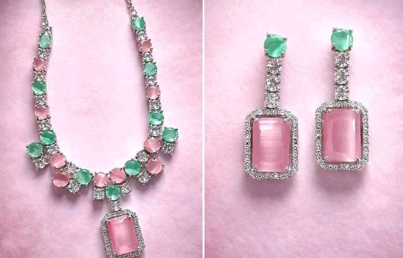 Elegant Pink &amp; Green Gemstone Necklace &amp; Earrings