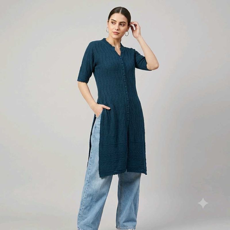 Teal Blue Knitted Kurta