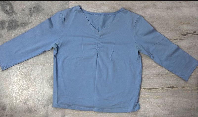 Blue Ruched V-Neck Top