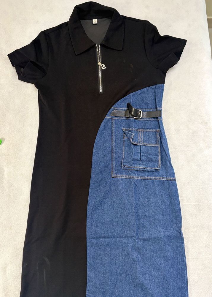 Black and Denim Color Block Dress