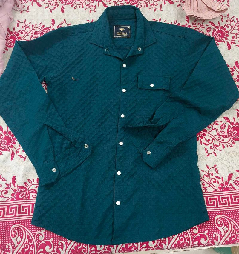 combo offer Men's Teal Textured Button-Up Shirt