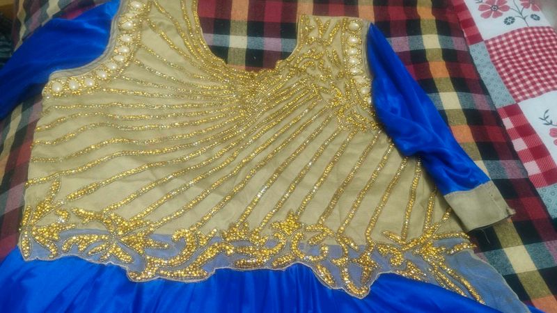 Elegant Blue &amp; Gold Embellished Gown