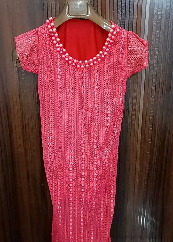 Elegant Pink Lace Kurta with Pearl Neckline