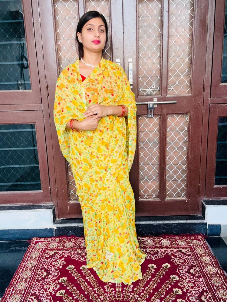 Vibrant Yellow Floral Print Saree