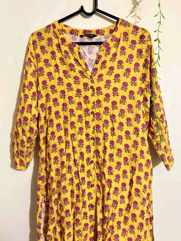 Yellow Kurta with Pink Floral Print