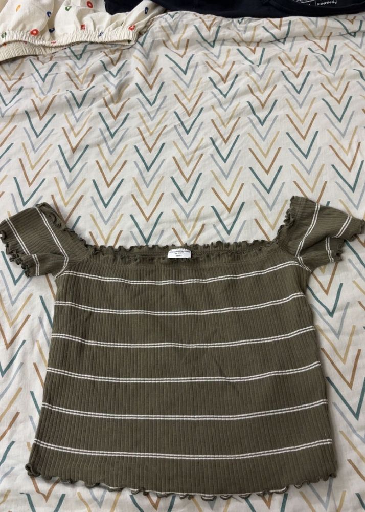 Olive Green Striped Off-Shoulder Top