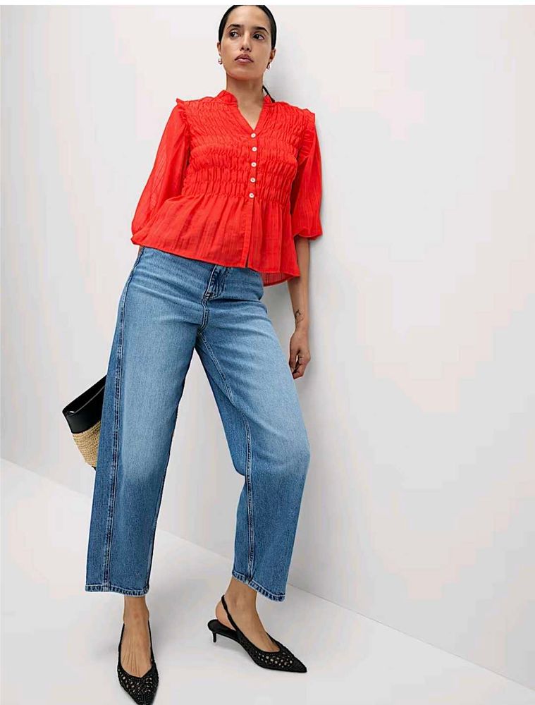 BRAND NEW/Shirred 3/4 Sleeve Button Through Blouse