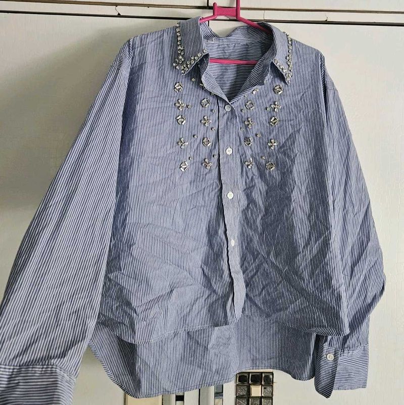 Striped Embellished Button-Up Shirt