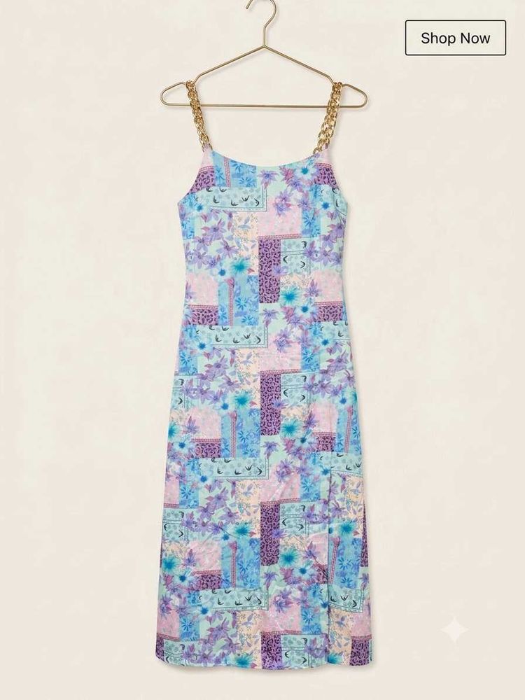 Patchwork Floral Dress with Gold Chain Straps