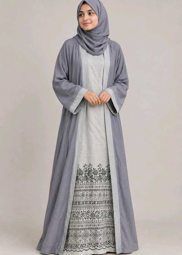 Elegant Grey Abaya with Intricate Print
