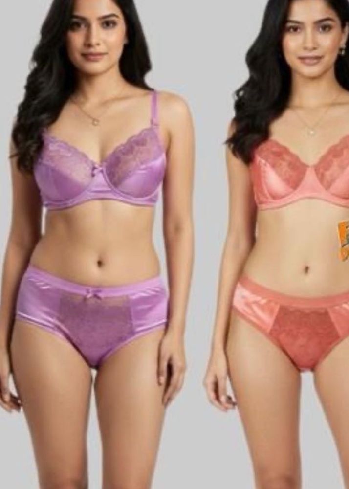 Lace Trimmed Satin Bra &amp; Panty Set