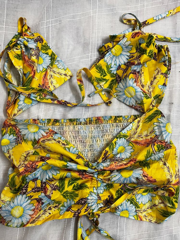 Yellow Floral Tie-Up Bikini Top