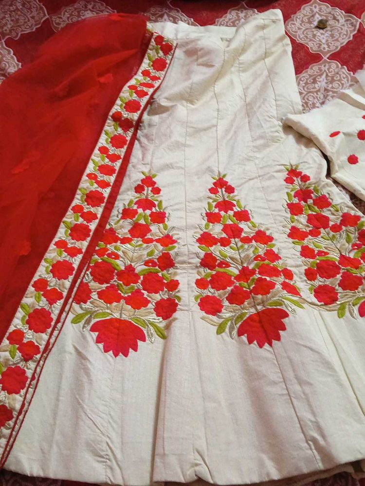 Cream Lehenga with Red Floral Embroidery
