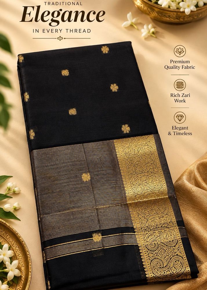 Elegant Black pure Maheswari Silk Saree