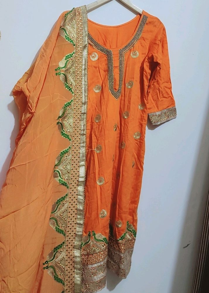 Orange Designer Plazo Suit With Dupatta 38 Bust