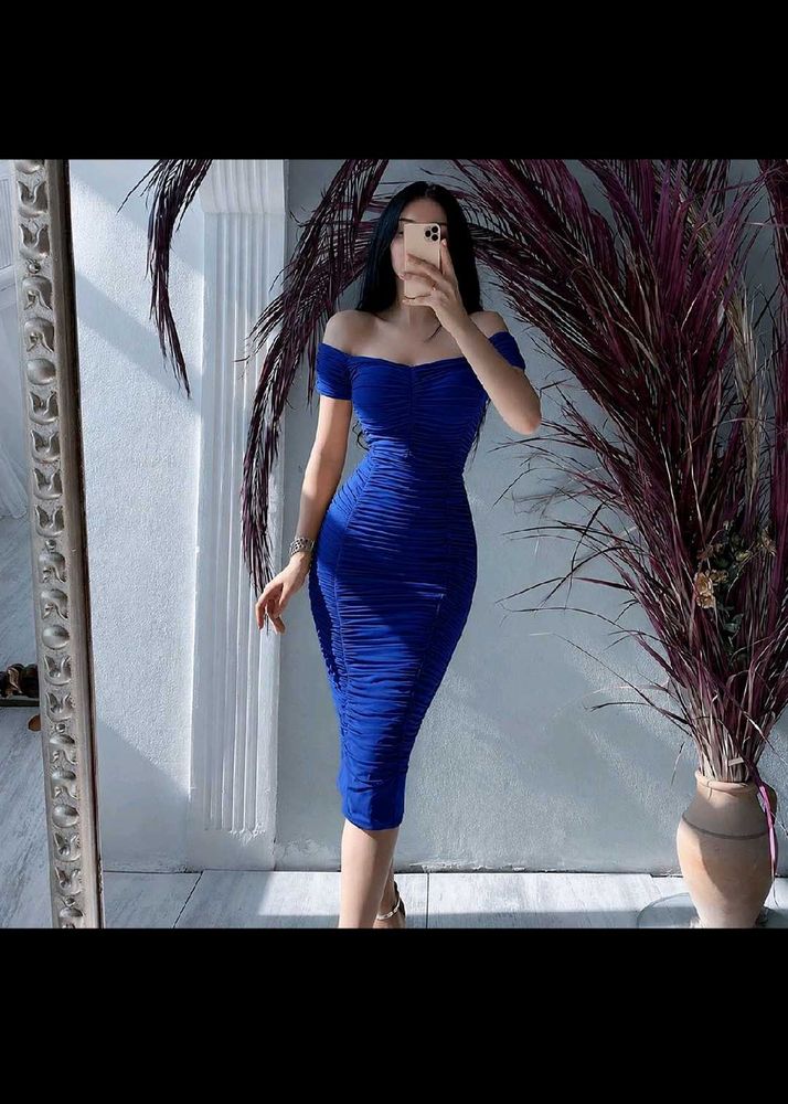 Royal Blue Off-Shoulder Ruched Bodycon Dress