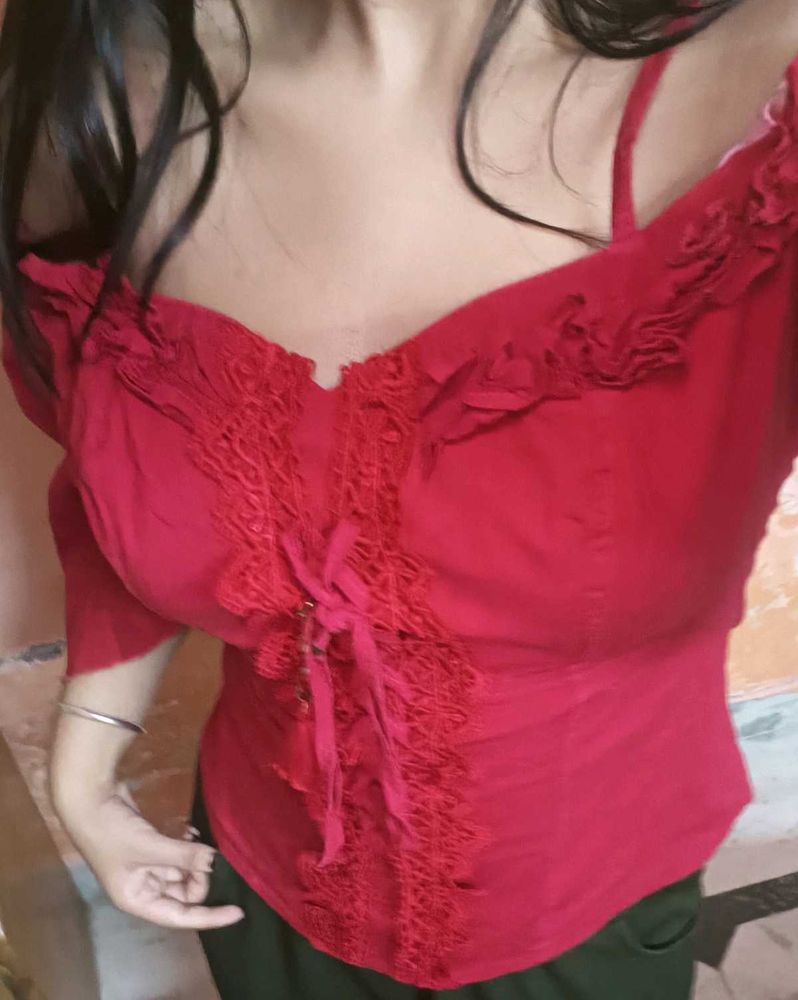 Chic Red Off-Shoulder Bell Sleeve Top