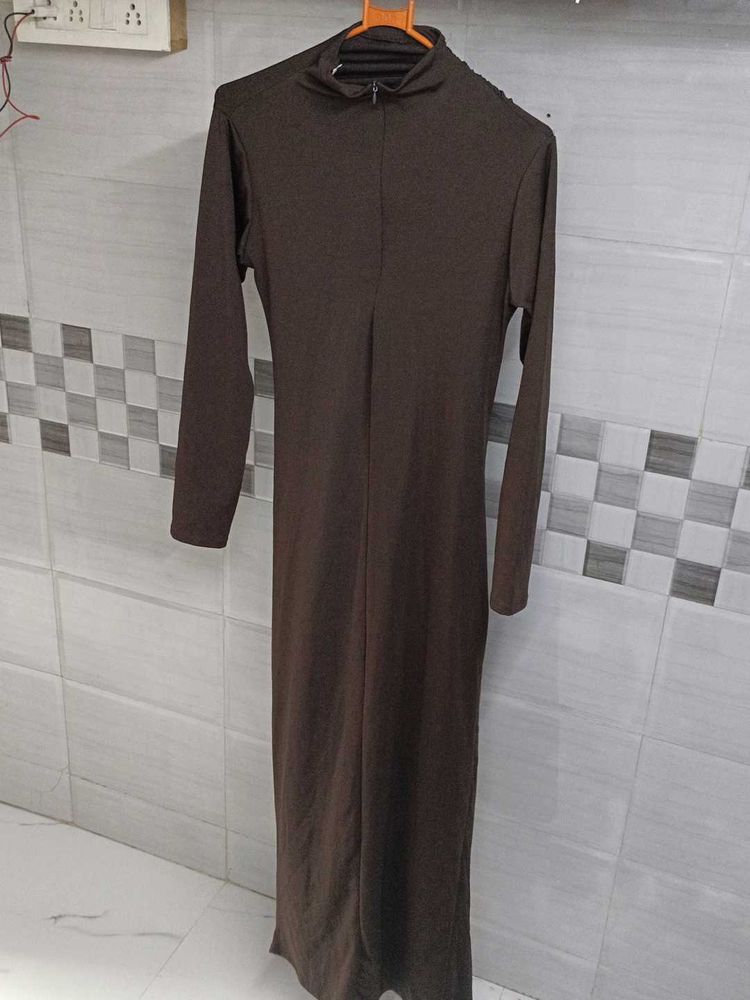 Brown Mock Neck Long Sleeve Maxi Dress