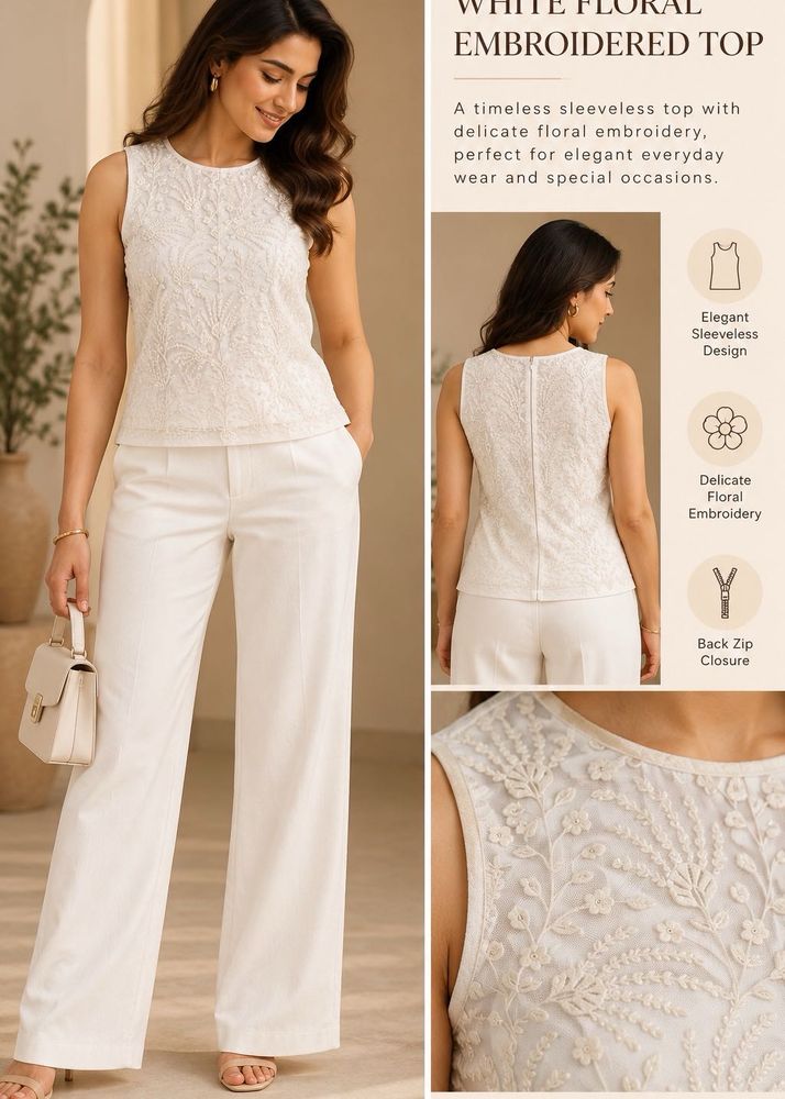 White Floral Embroidered Sleeveless Top
