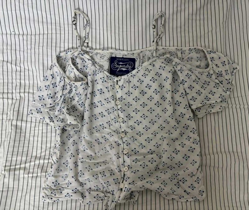 Superdry White Blue Floral Cold Shoulder Top