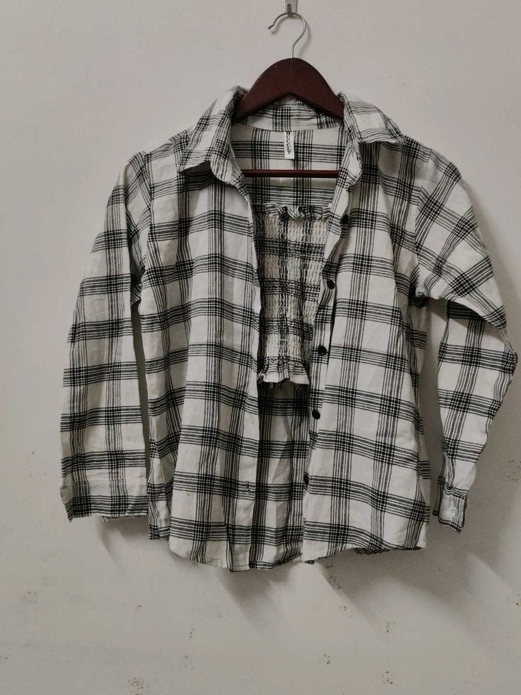 Plaid Button-Up Shirt with Smocked Bodice