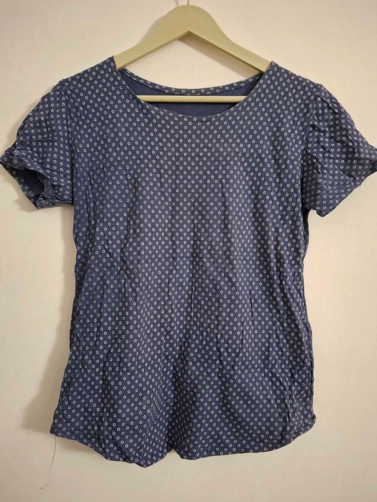 Blue Ditsy Print Short Sleeve Top