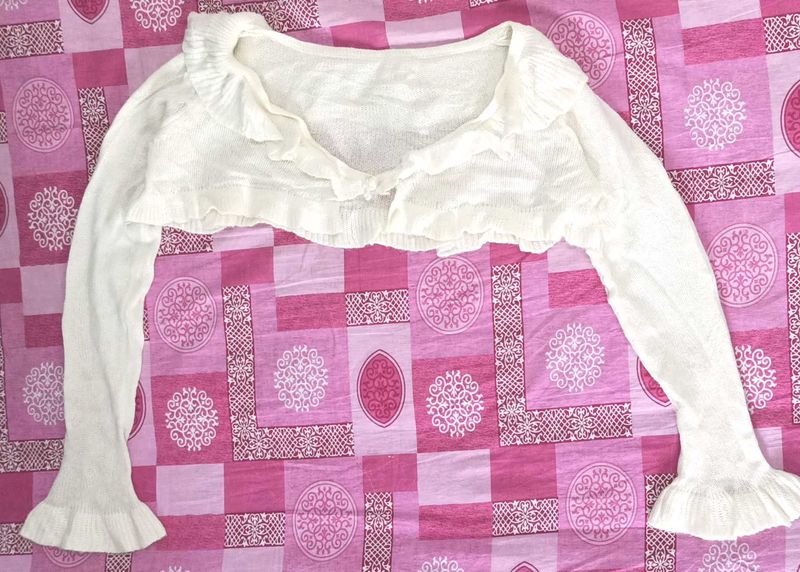 Cream Knit Shrug with Ruffle Sleeves