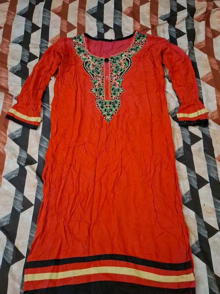 Vibrant Orange Embroidered Kurta