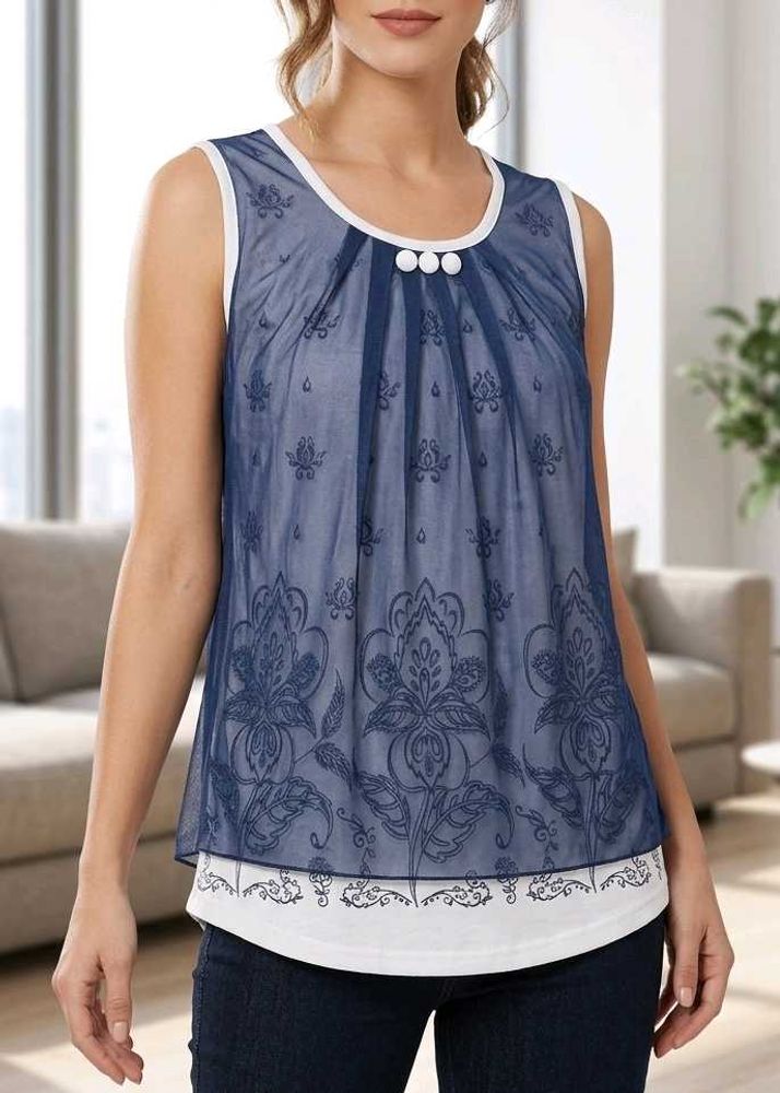 Blue Floral Sheer Sleeveless Top