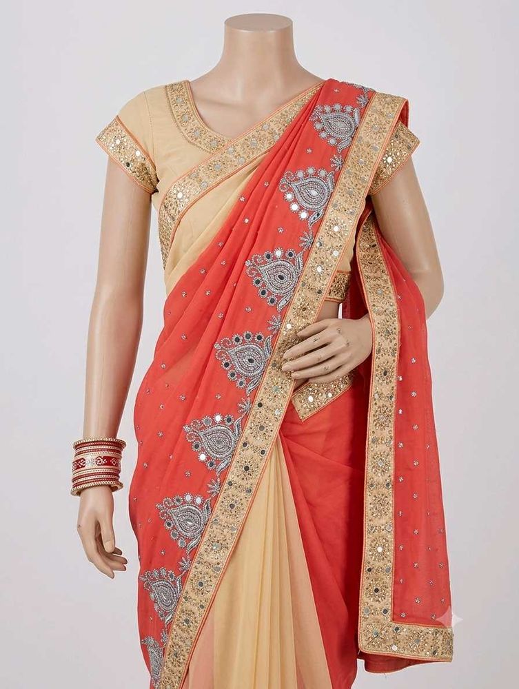 Beautiful Coral Pink &amp; Cream Georgette Saree with