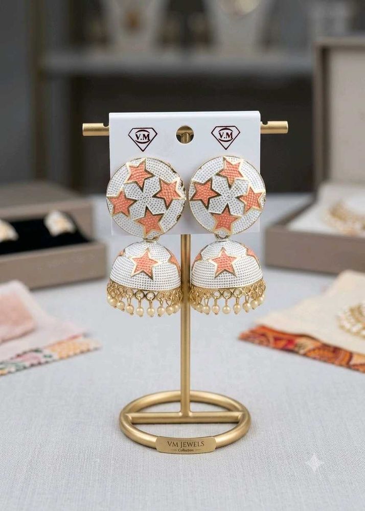 White Jhumka Earrings with Peach Stars