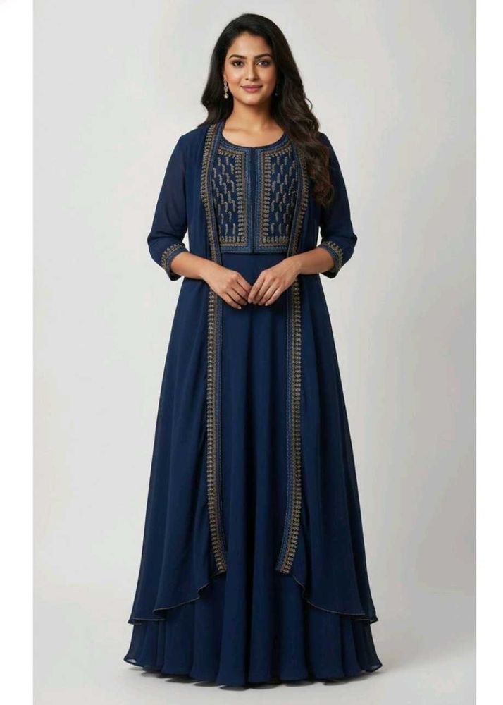 Elegant Blue Embroidered Gown with Jacket