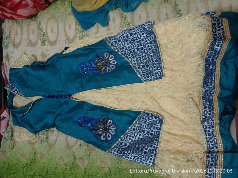 Teal Blue Embroidered frock suit set