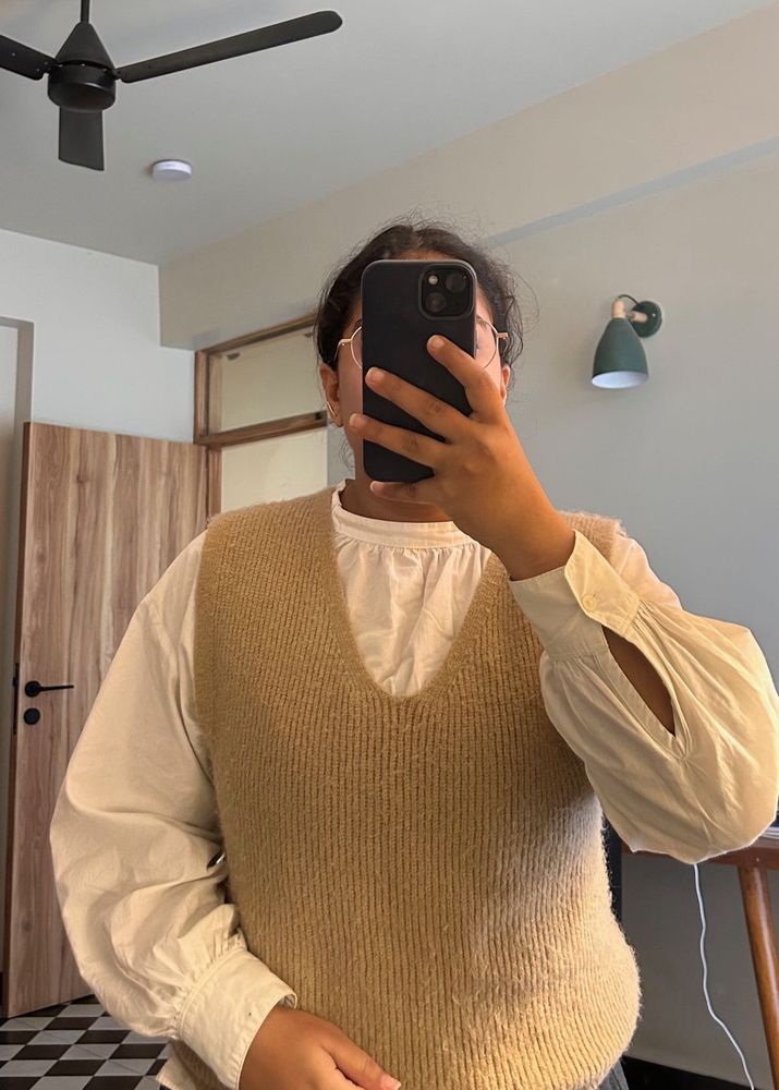 Beige Knit V-Neck Sweater