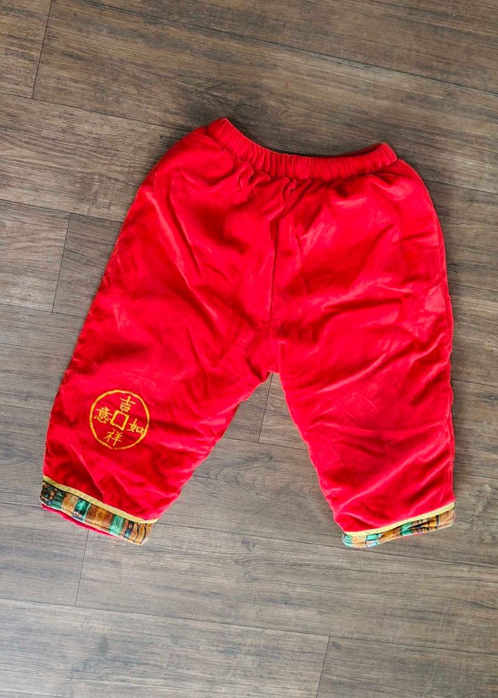 Red Velvet Pants with Gold Embroidery