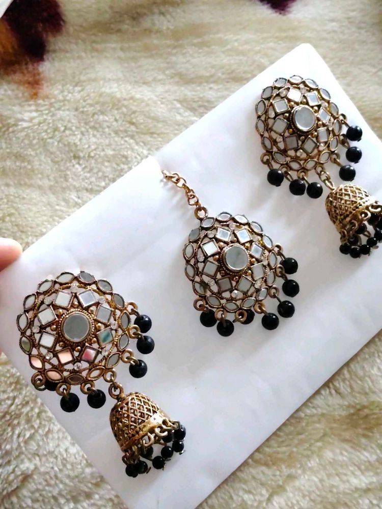 Mirror Jhumki &amp; Maang Tikka set