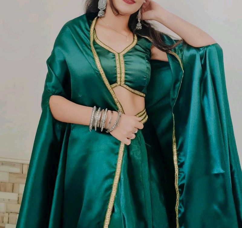 Emerald Green Satin  dreped skirt with jacket blou