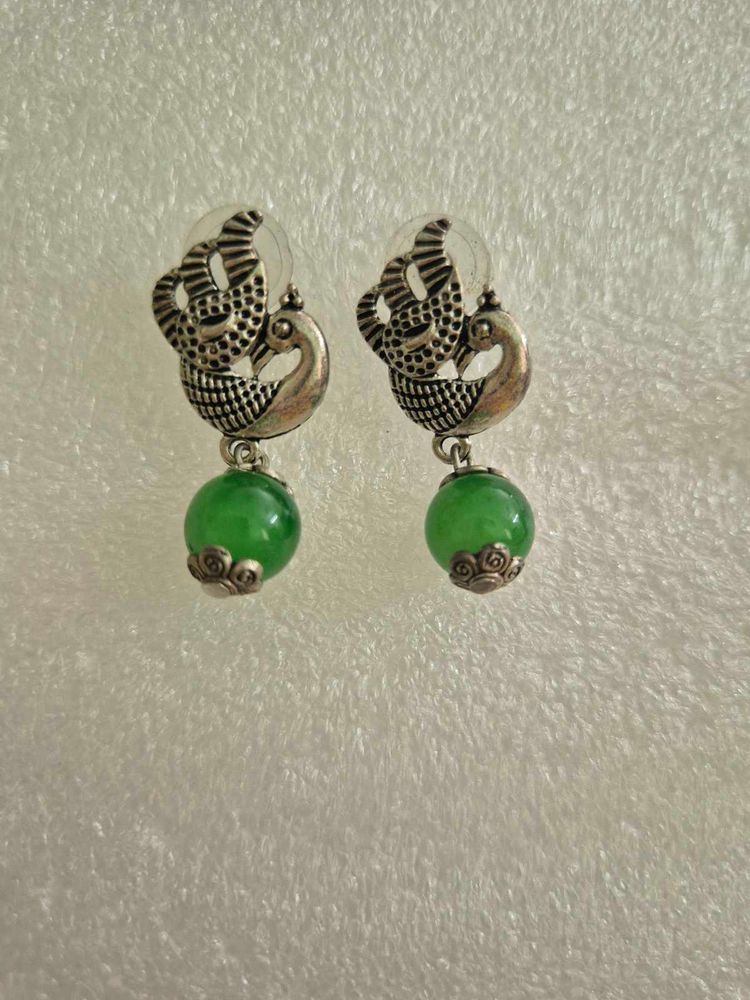 Peacock Design Earrings with Green Beads