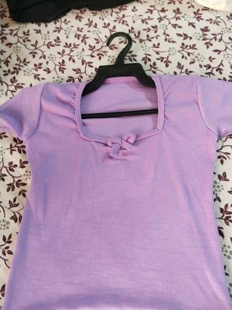 Cute Lilac Ribbed Tee with Bow Detail