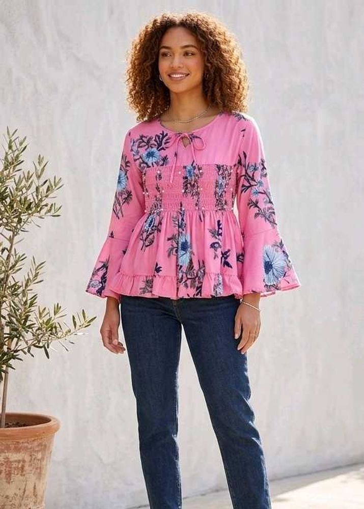 Pink Floral Bell Sleeve Peplum Top