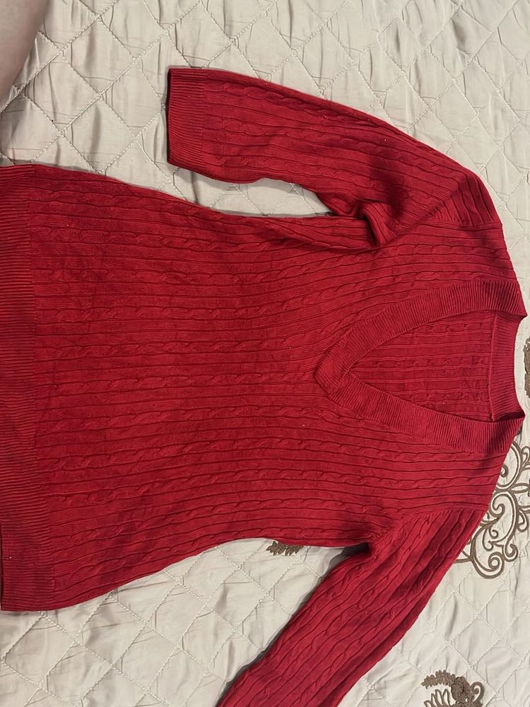 Red Cable Knit V-Neck Sweater