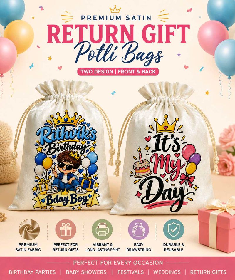 Set of 10 Personalized Satin Return Gift Potli Bag