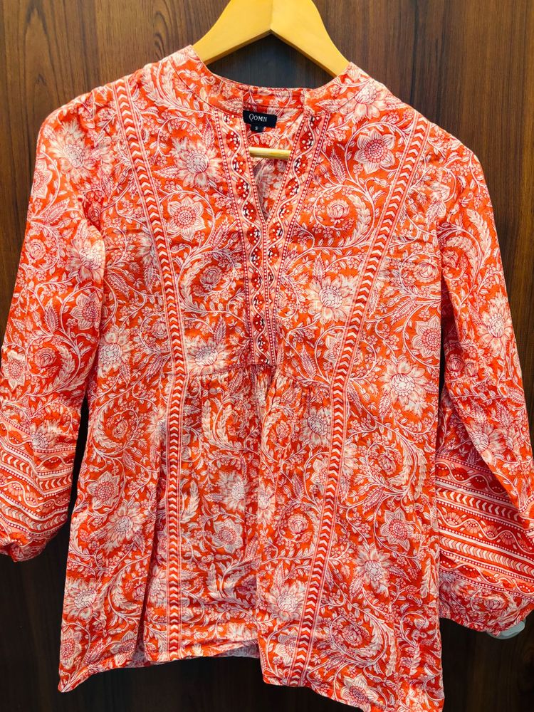 Orange Floral Print Kurta