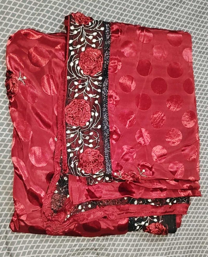Red Saree with Polka Dots &amp; Floral Embroidery