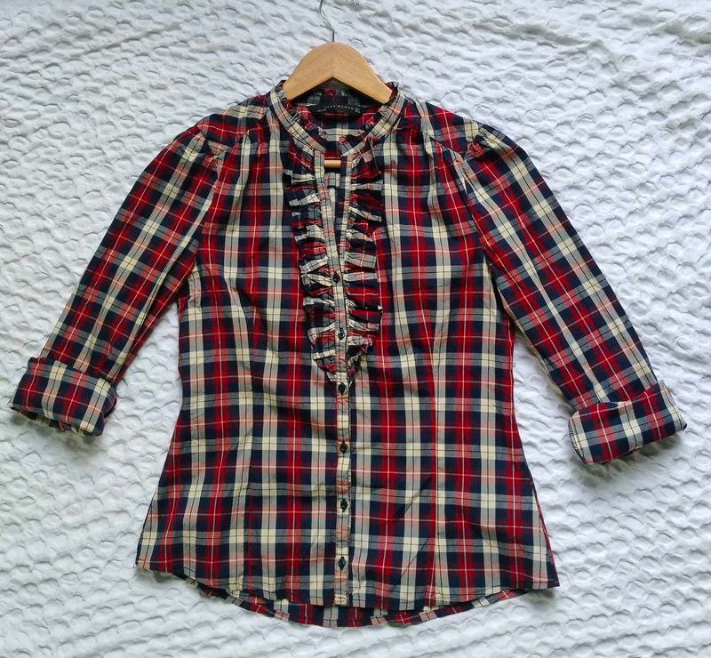 ZARA Chic Plaid Ruffle Button-Up Shirt